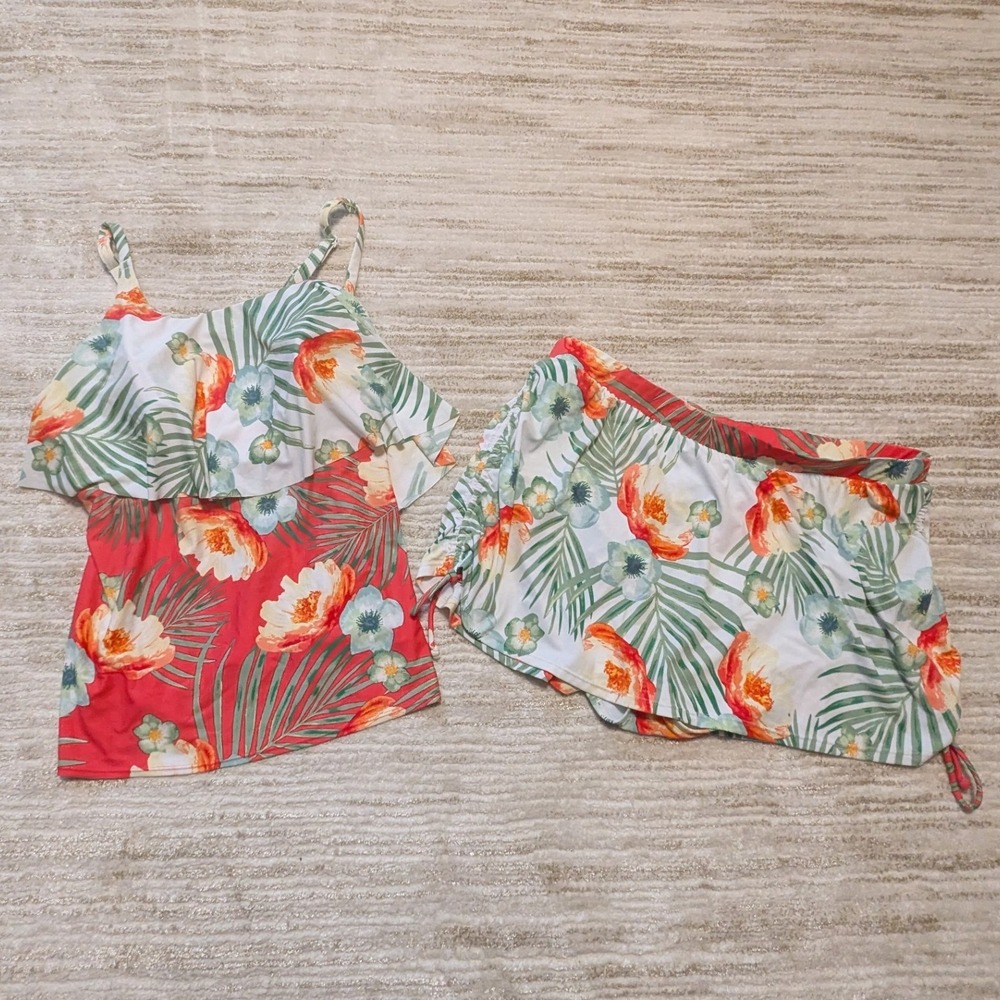 Cacique Swim Tankini Set Sz 18/22 Floral Tropical Flounce Swim Skirt 2pc
